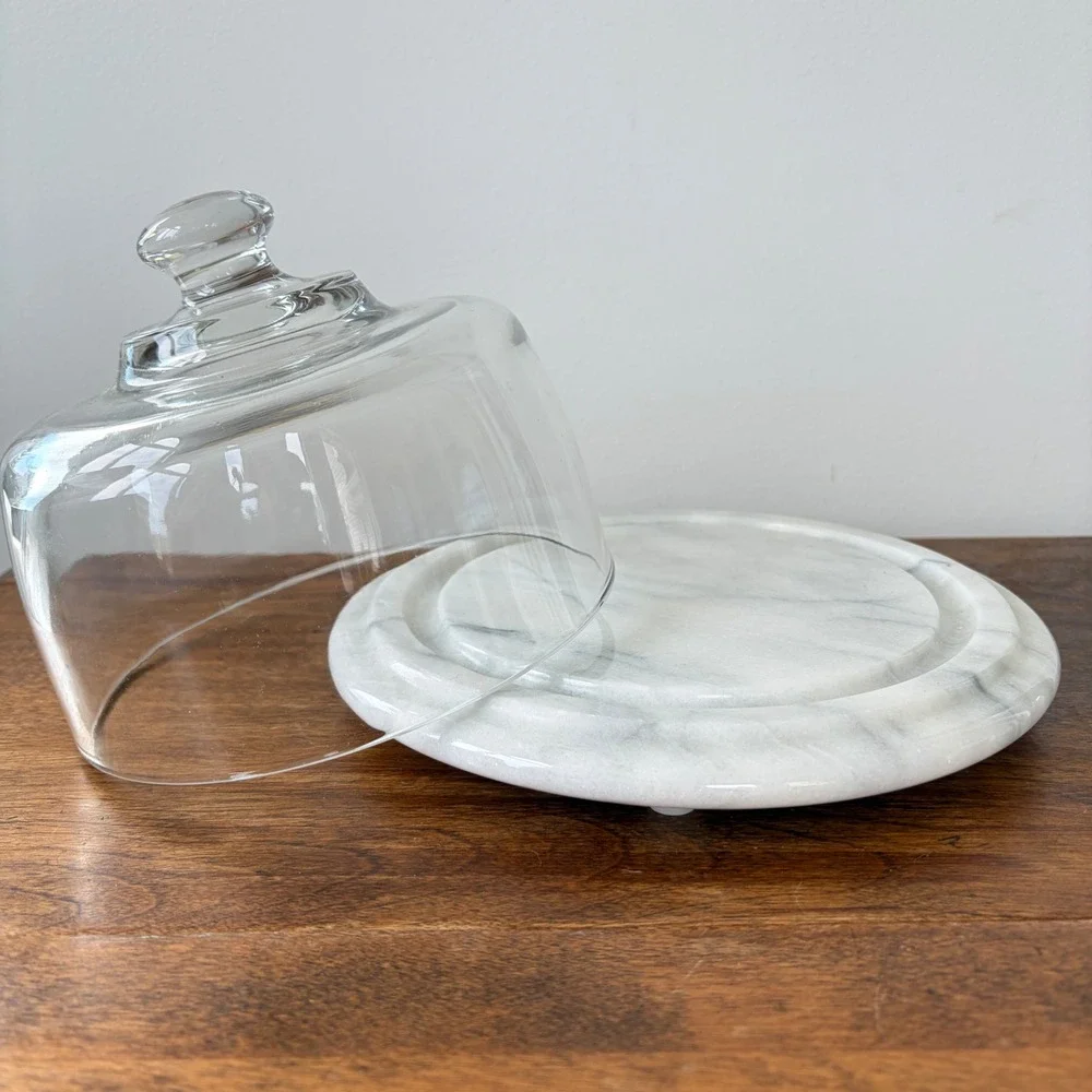 White Marble Cheese Board with Glass Cloche Dome Serving Set 8.5 Inch